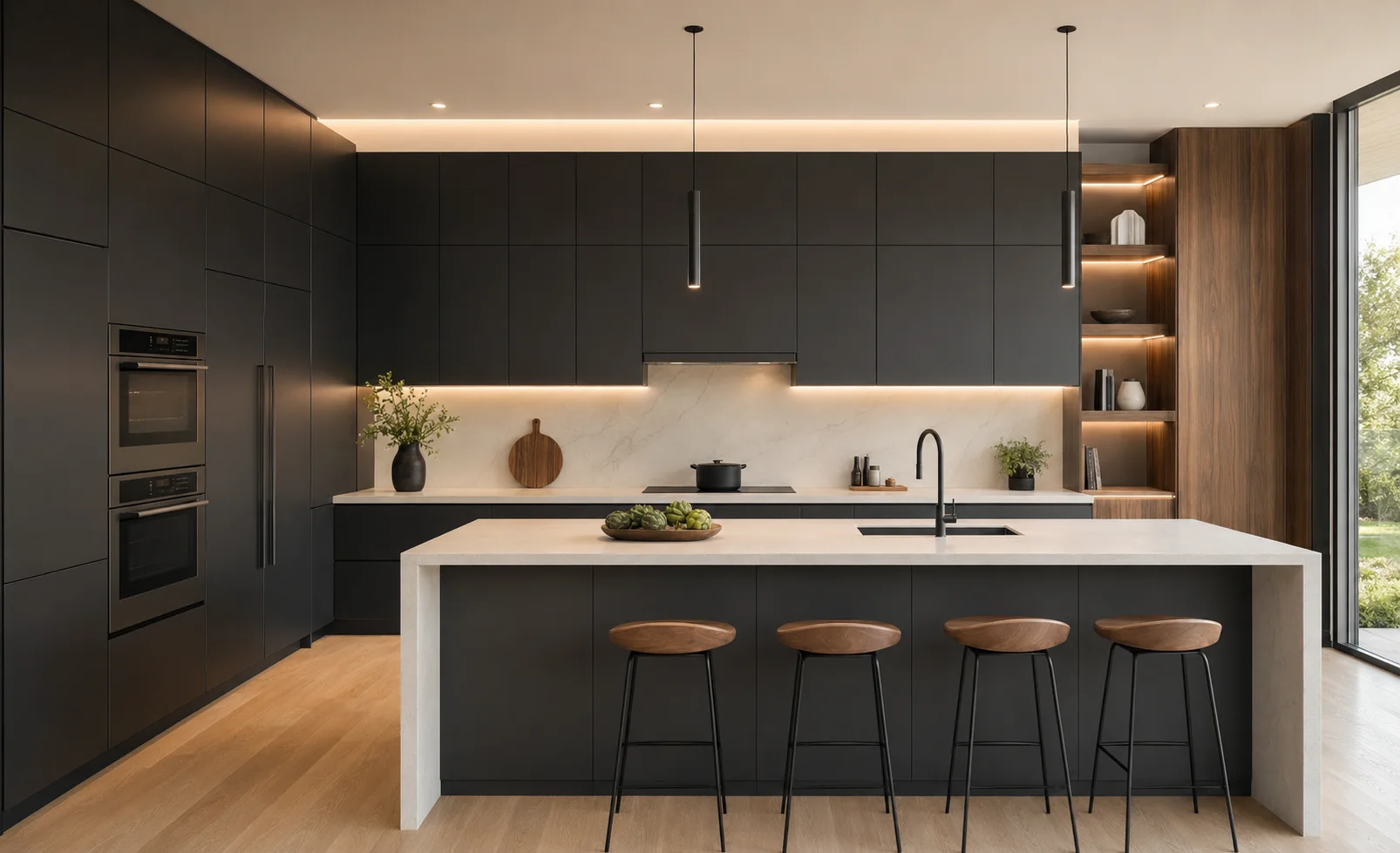 Sleek wholesale dark flat panel kitchen cabinets with integrated LED lighting and a modern backsplash.