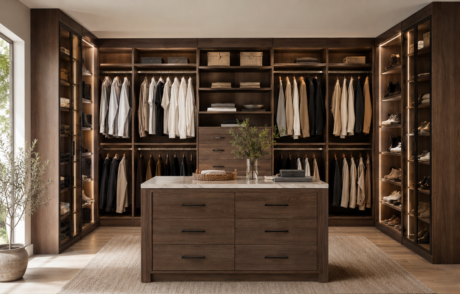 Wholesale dark wood custom walk-in closet featuring ample shelving, shoe displays, and hanging sections.
