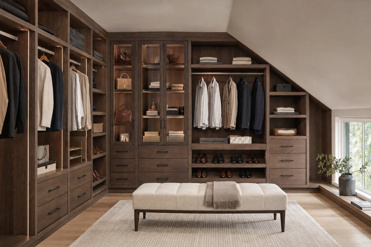 Wholesale custom dark wood closet system built under a sloped ceiling with integrated display lighting.