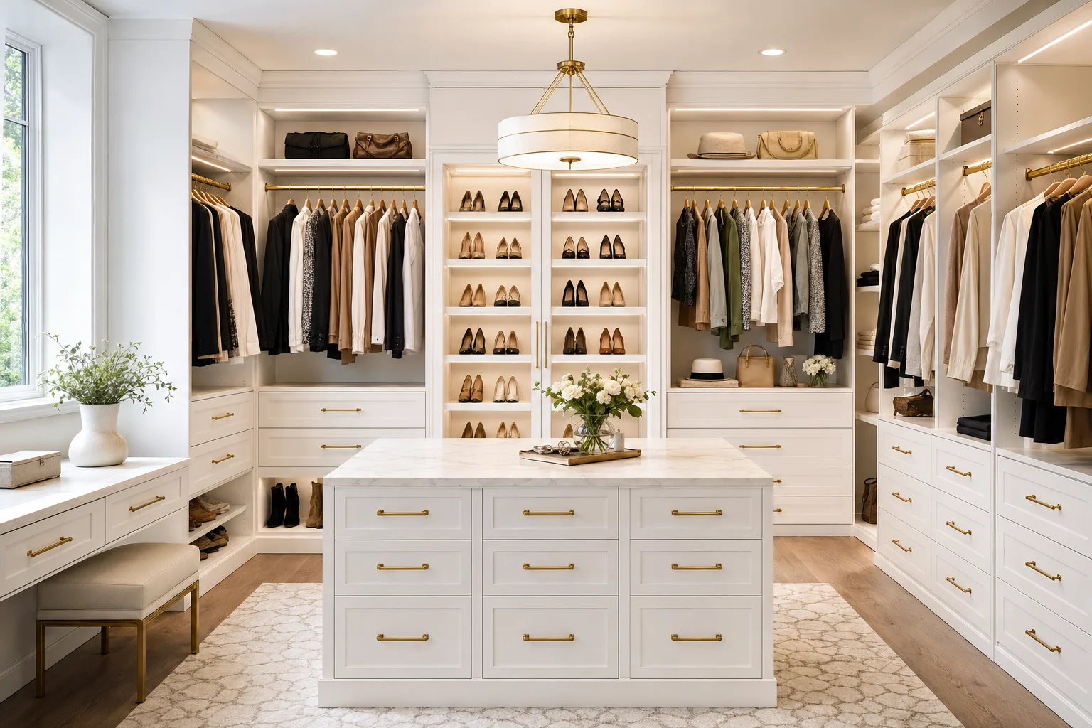 Bright wholesale white walk-in closet featuring a center storage island, chandelier, and wardrobe storage.