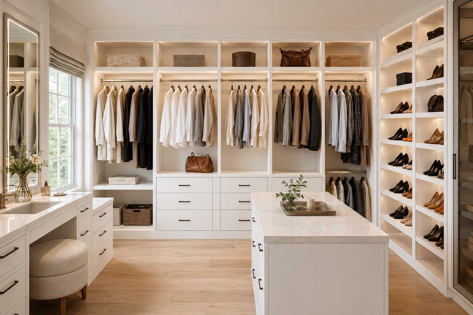 Wholesale white custom walk-in closet system with open shelving, hanging space, and integrated lighting.