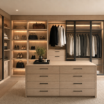 Wholesale natural wood walk-in closet design in Dallas featuring a center island and illuminated shelving.