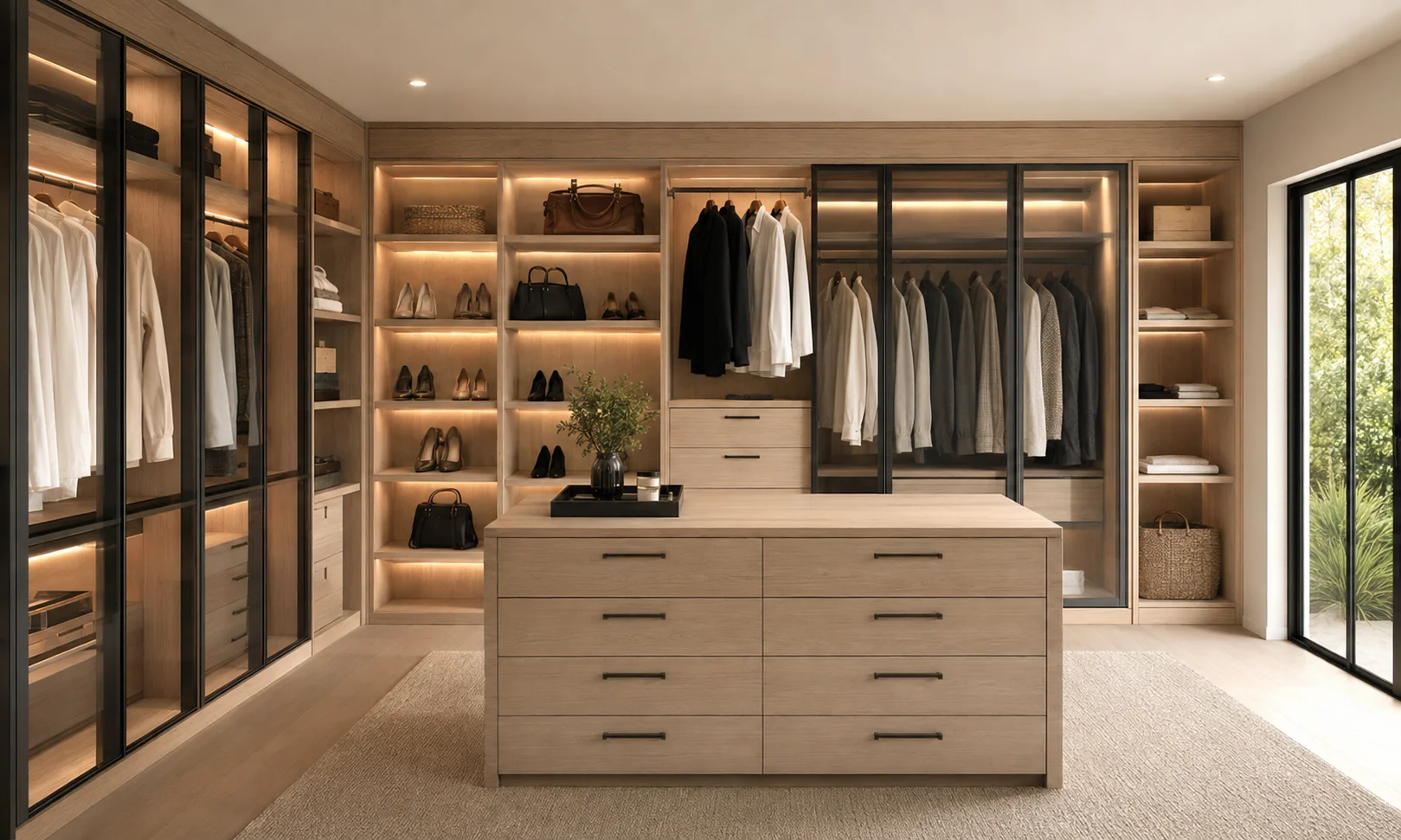 Wholesale natural wood walk-in closet design in Dallas featuring a center island and illuminated shelving.