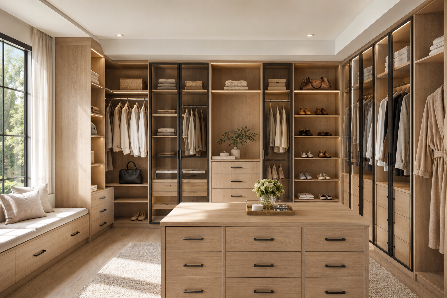 Wholesale natural oak custom walk-in closet system featuring built-in shelving, drawers, and hanging rods.