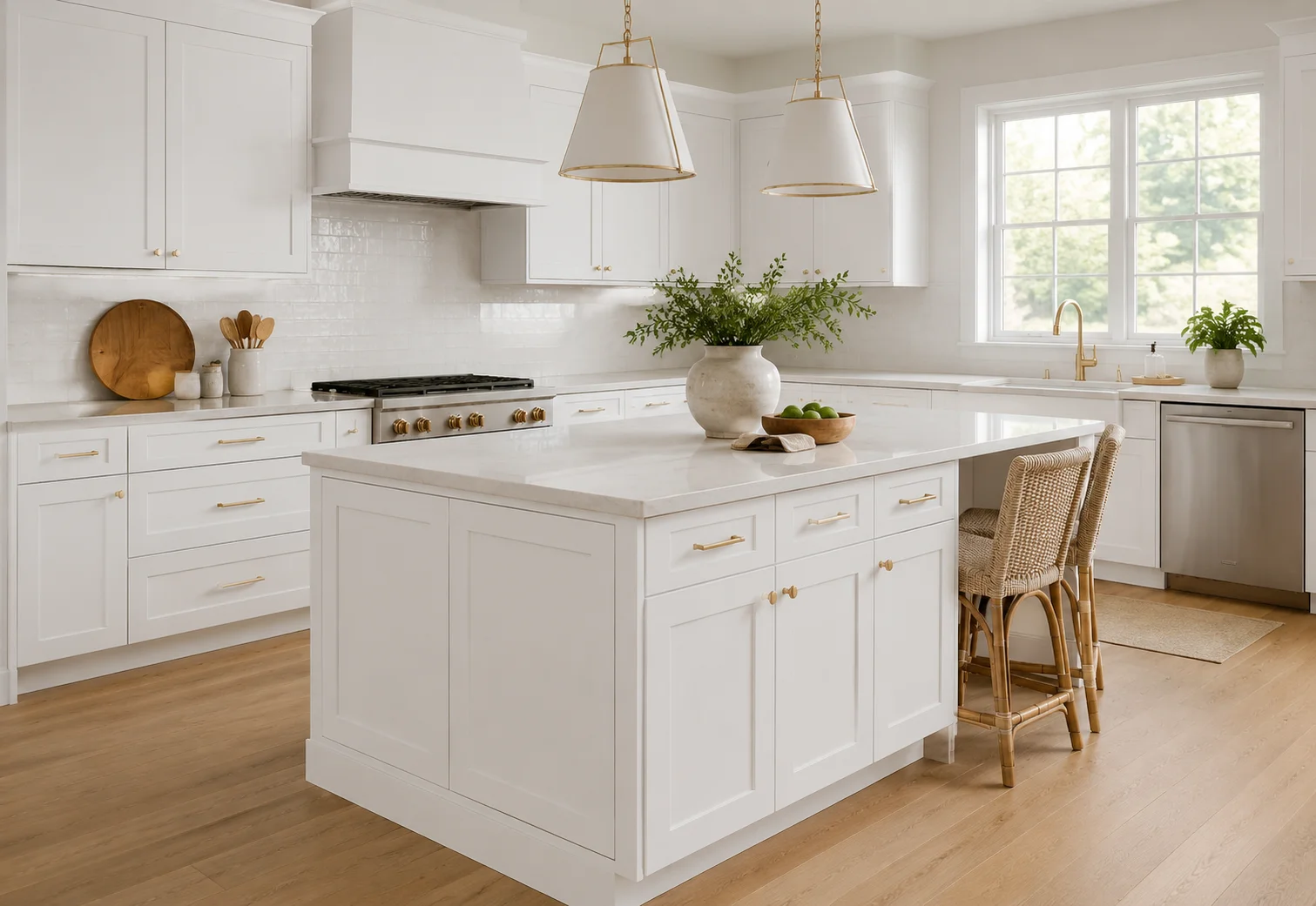 Classic white shaker kitchen overall view highlighting high-end cabinetry design by Modernform Cabinets and Closets