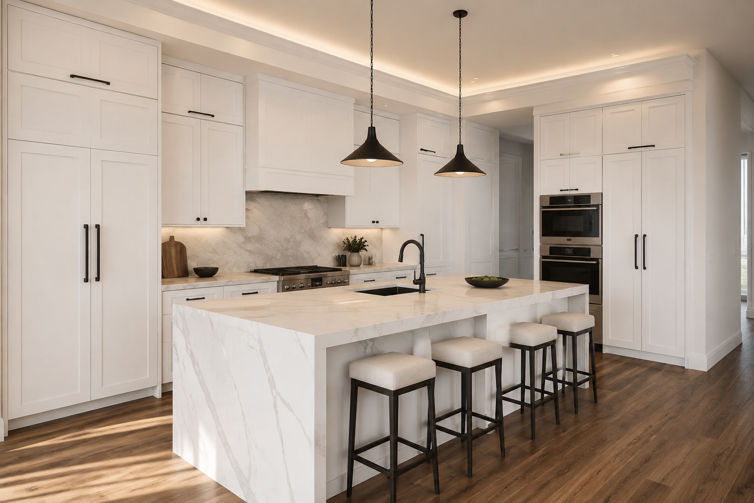 Custom white shaker kitchen cabinets paired with sleek countertops and functional layout