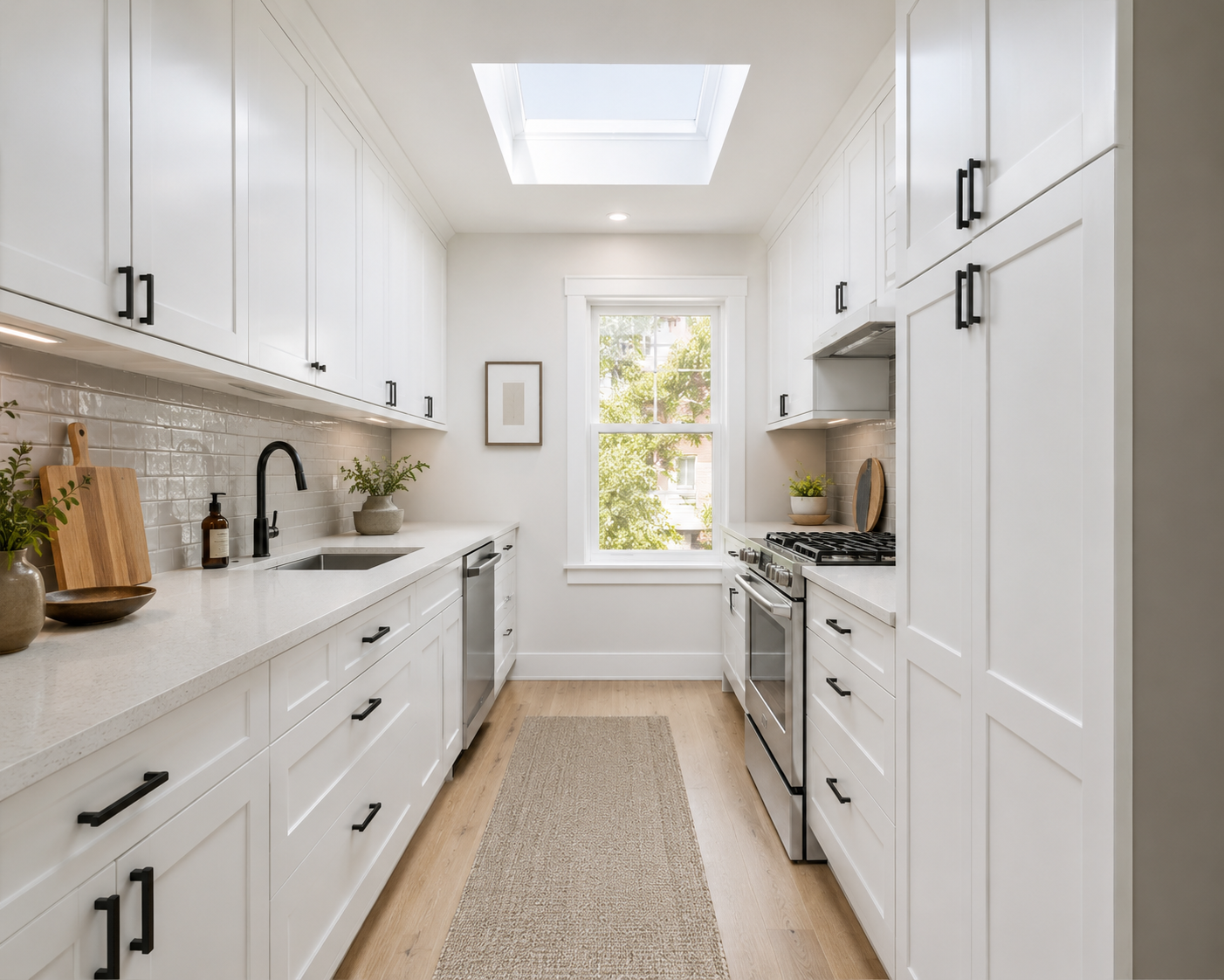 White shaker perimeter kitchen cabinets paired with elegant light-toned finishes