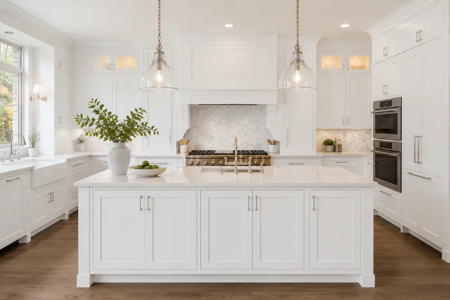 Modern white shaker kitchen layout featuring seamless integration and open concept styling