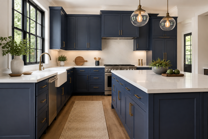 Signature blue shaker kitchen overall view highlighting custom cabinetry design by Modernform Cabinets and Closets