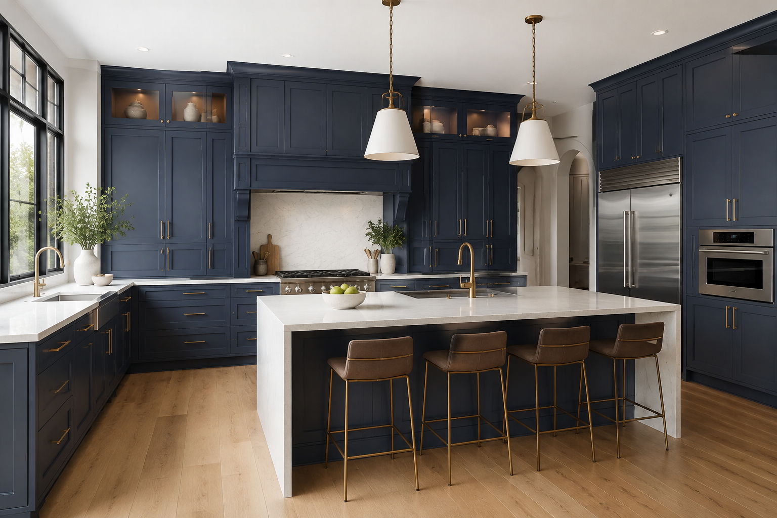 Signature blue shaker kitchen design features highlighting sleek lines and durable construction
