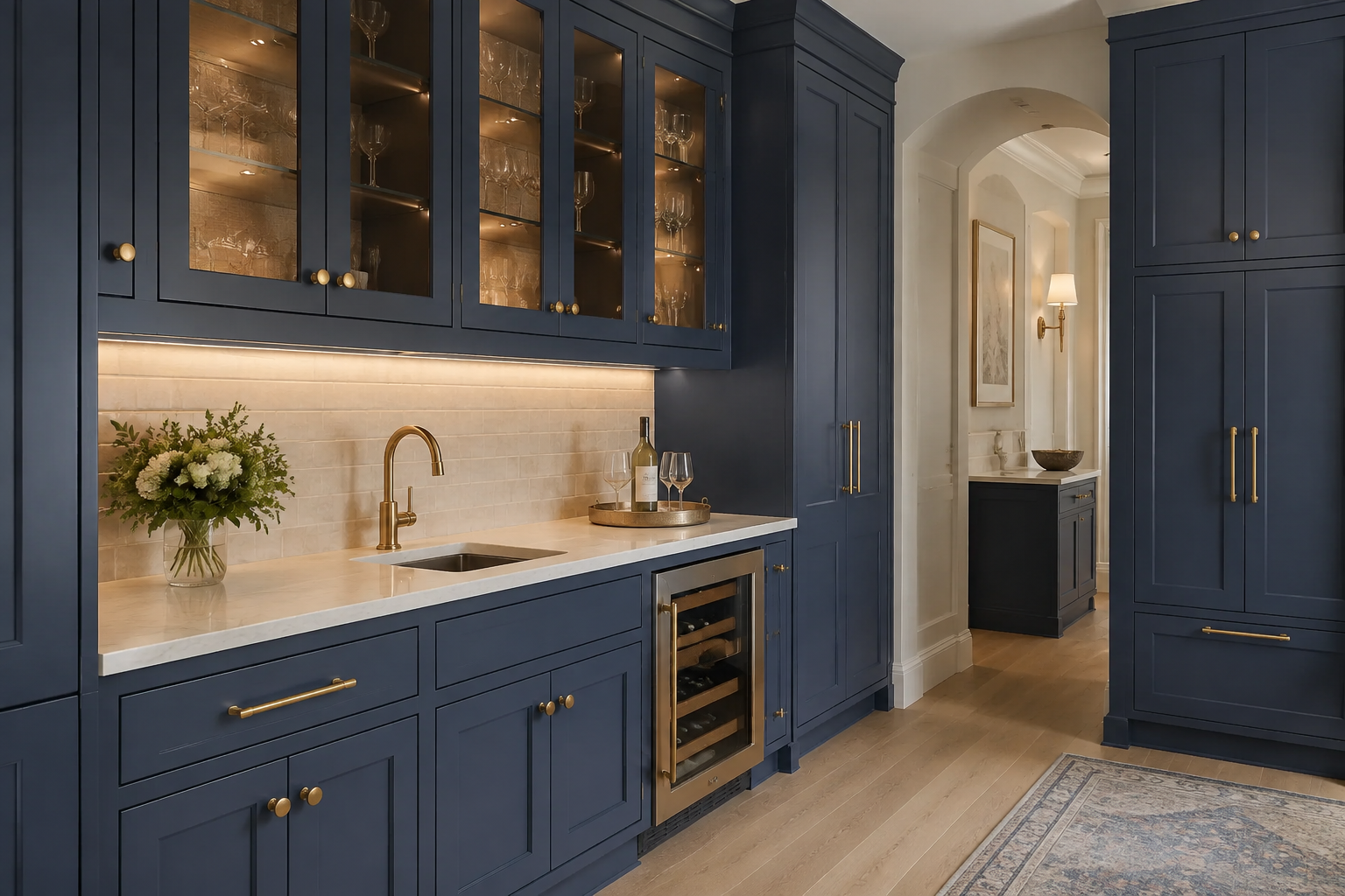 Contemporary signature blue shaker style kitchen displaying bold color tones and modern accents