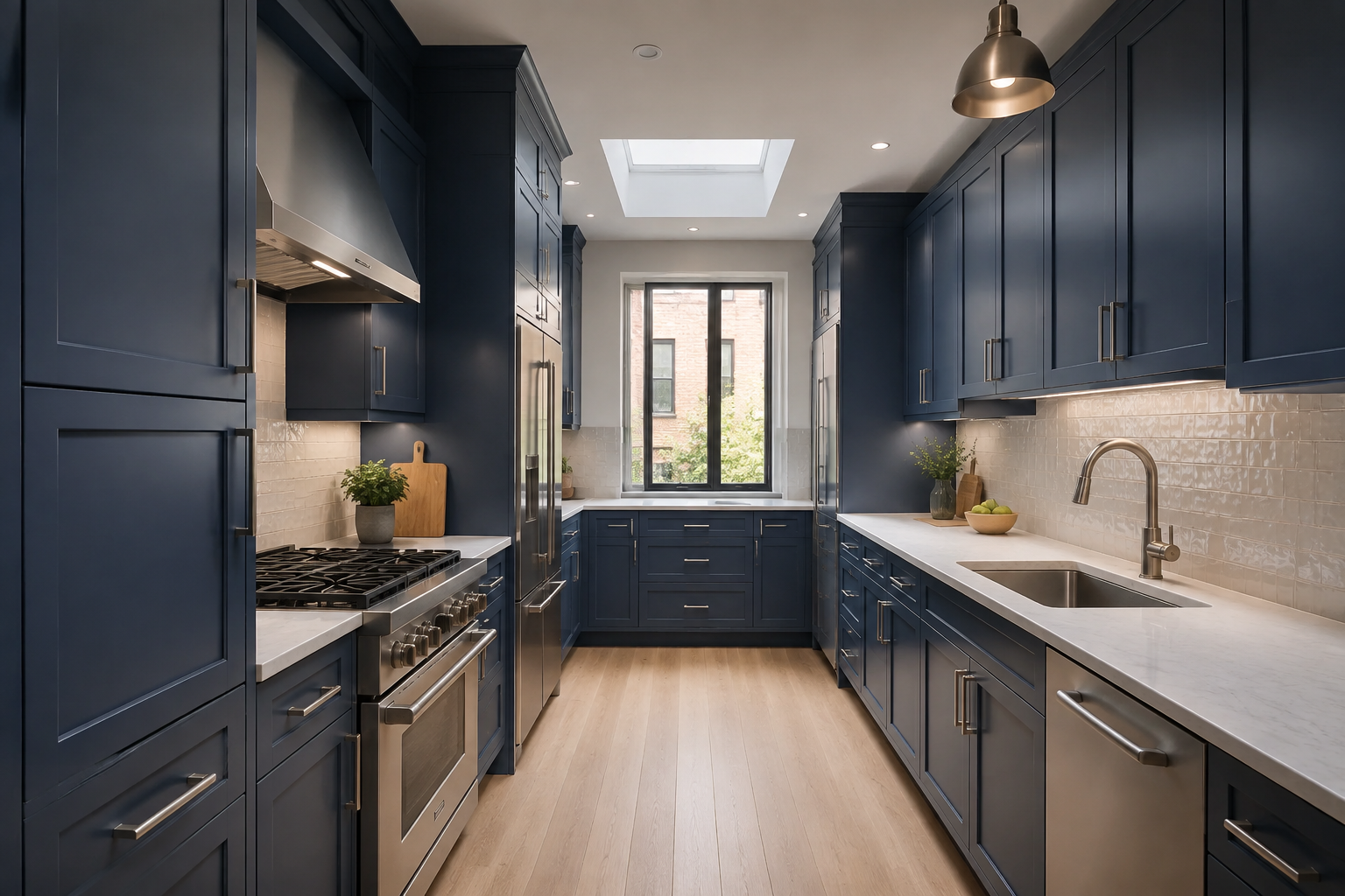 Signature blue shaker cabinet storage options and functional layout design by Modernform