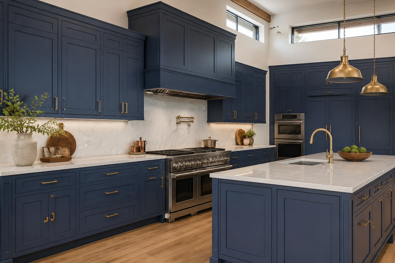 Signature blue shaker perimeter kitchen cabinets and sophisticated deep blue finishes