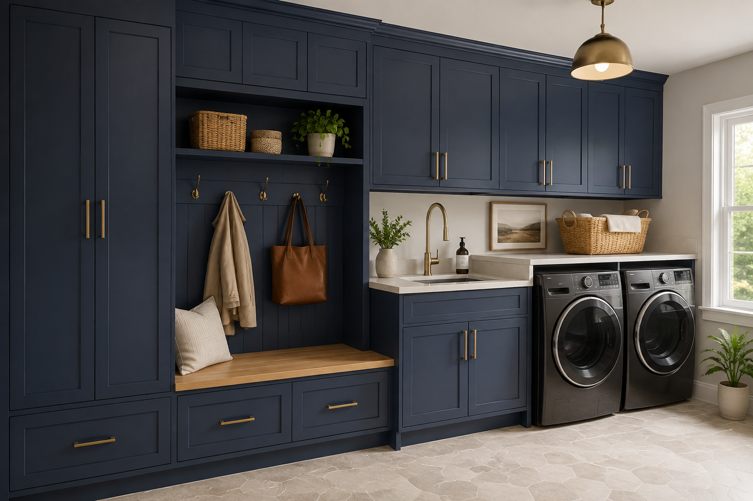 Custom signature blue shaker kitchen cabinetry paired with modern hardware and elegant countertops