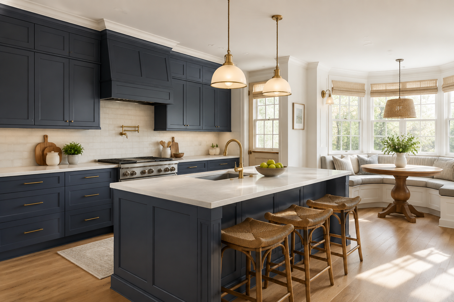 Modern signature blue shaker kitchen layout featuring clean lines, premium finish, and custom storage