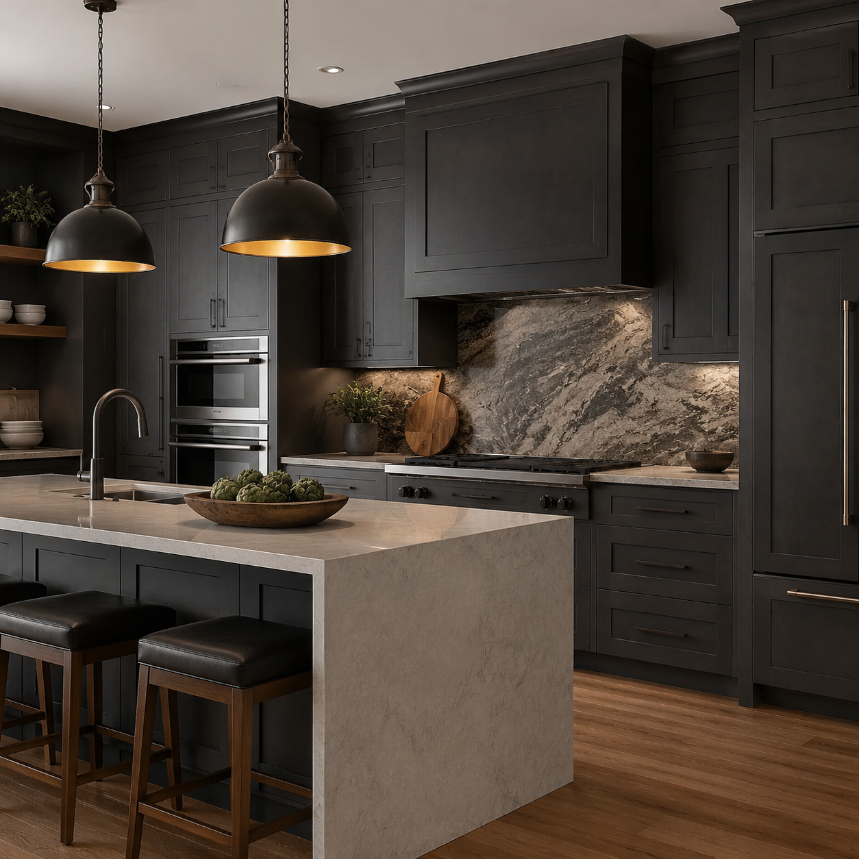 Custom Modern Slate shaker kitchen cabinets paired with modern hardware and marble countertops
