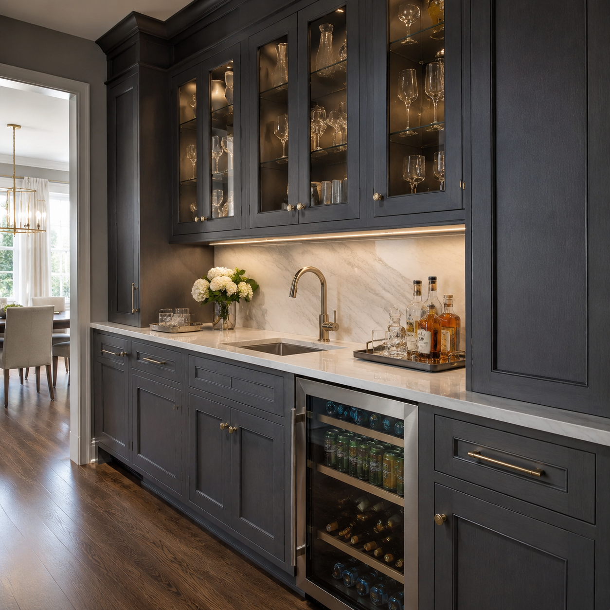 Modern Slate shaker perimeter kitchen cabinets paired with elegant light-toned countertops