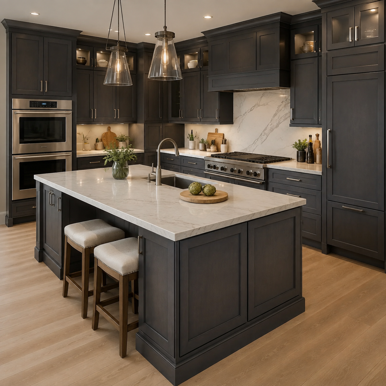 Modern Slate shaker kitchen layout with seamless storage integration and open concept styling