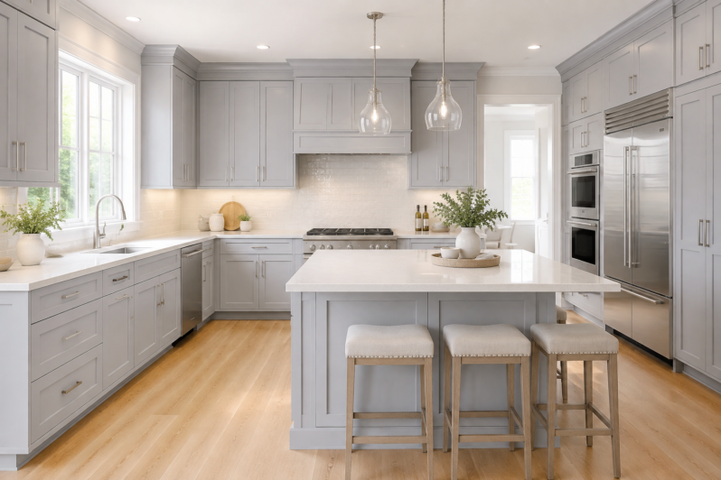 Gray shaker kitchen overall view highlighting high-end cabinetry design by Modernform Cabinets and Closets