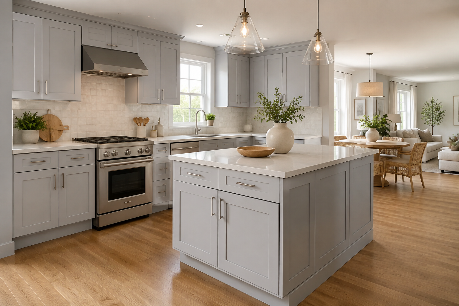 Custom gray shaker kitchen paired with modern countertops and functional layout