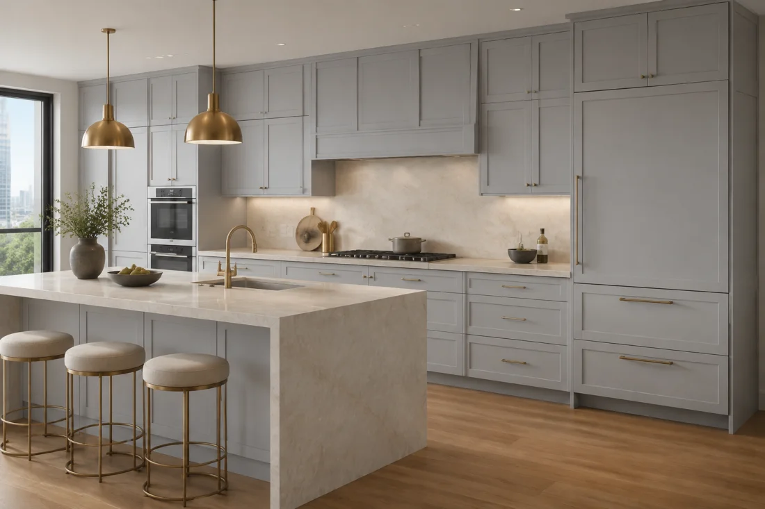 Gray shaker style kitchen features highlighting sophisticated design and high-end cabinetry