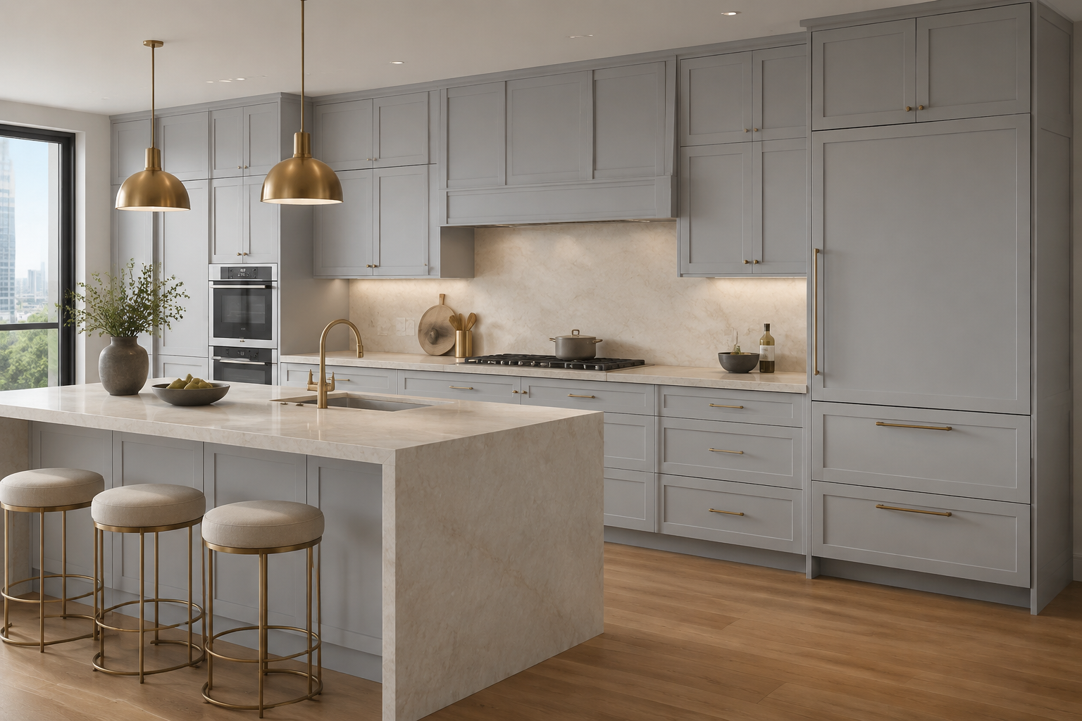Gray shaker style kitchen features highlighting sophisticated design and high-end cabinetry