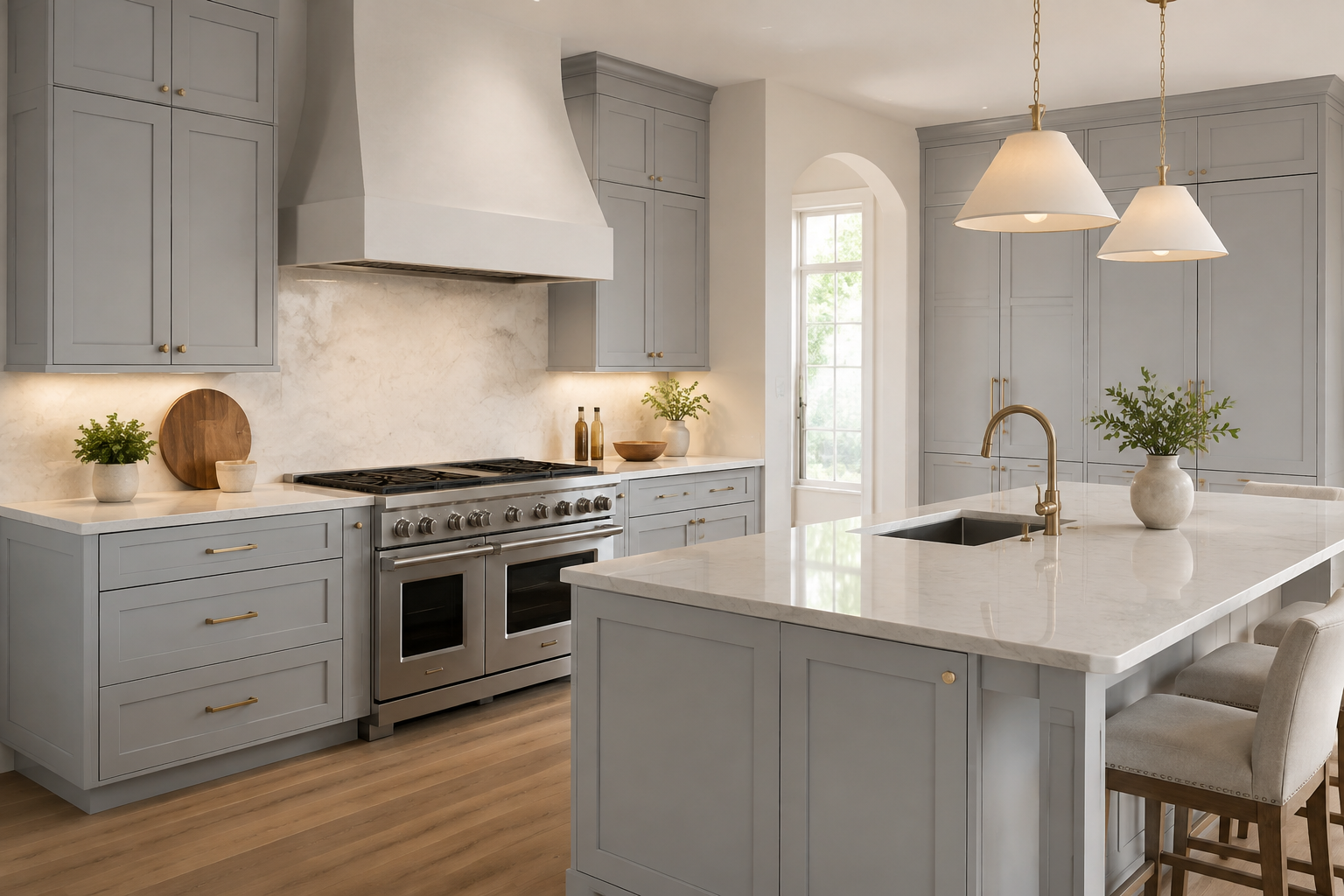 Gray shaker perimeter kitchen cabinets and elegant neutral tone finishes