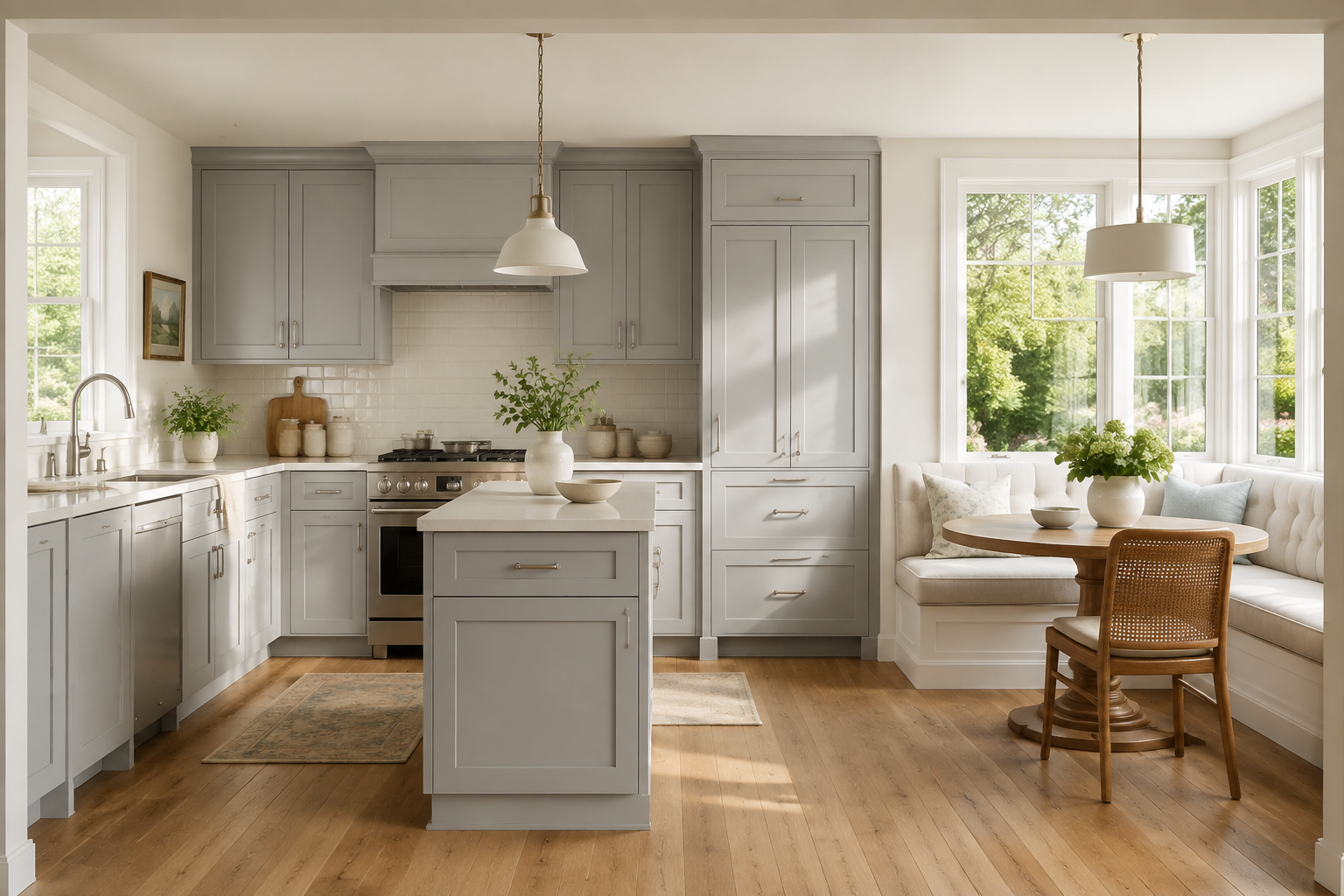 Gray shaker cabinetry kitchen island perspective and professional craftsmanship