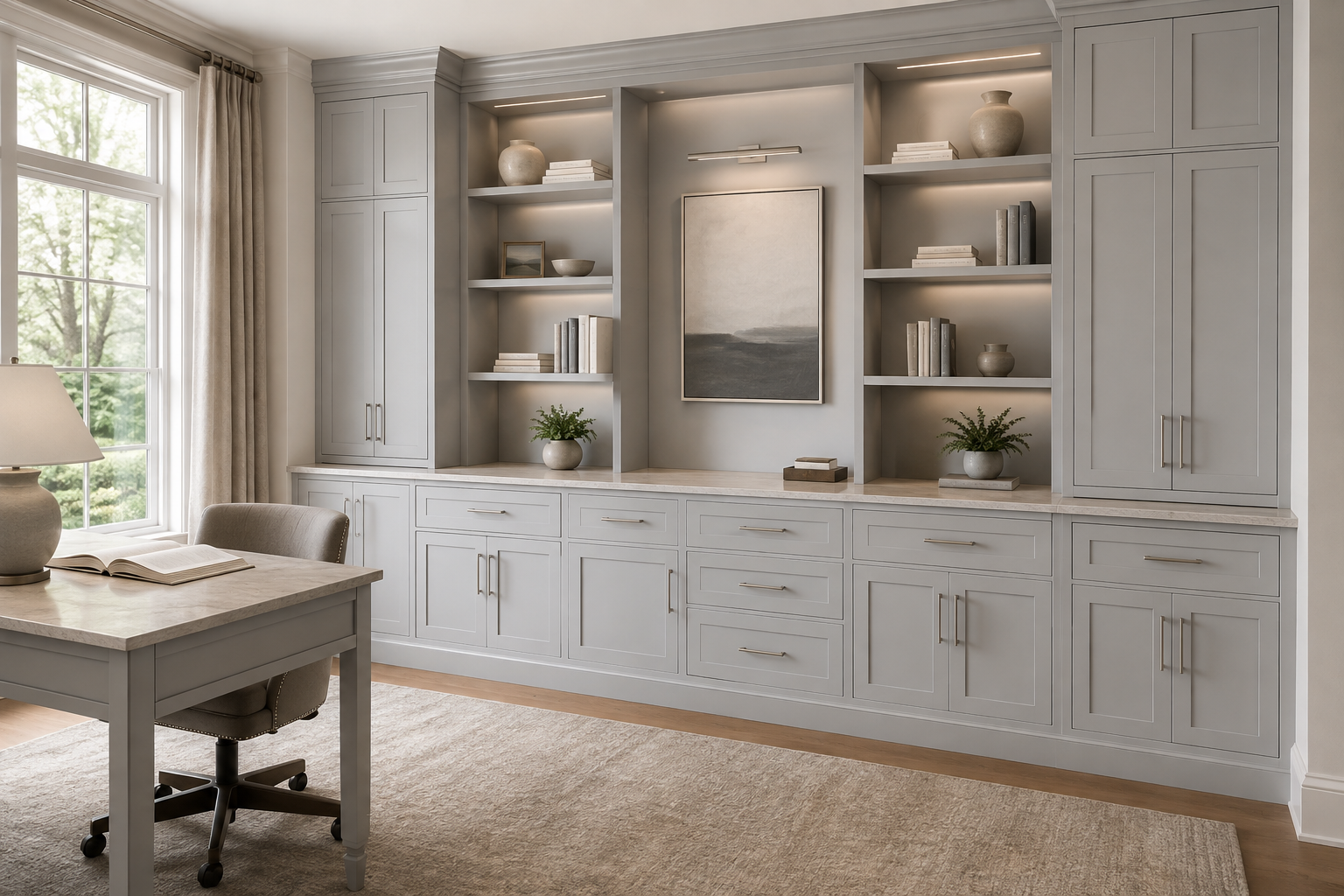 Modern gray shaker kitchen design featuring clean lines and premium hardware