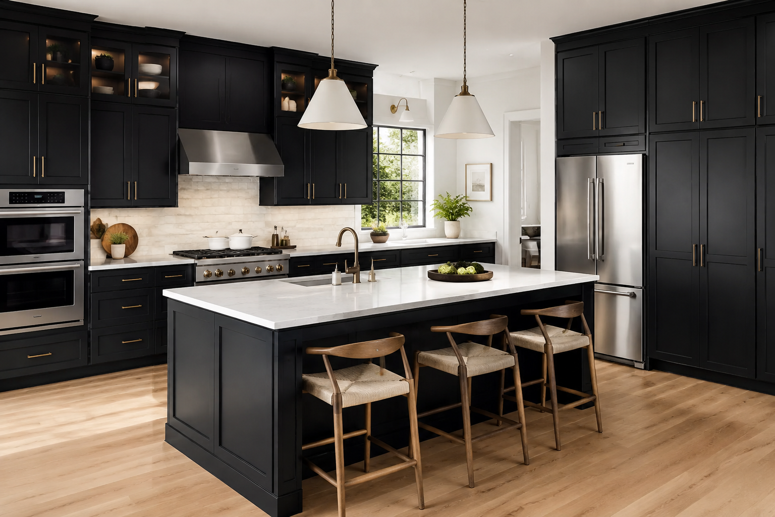 Onyx black shaker kitchen overall view highlighting high-end cabinetry design by Modernform Cabinets and Closets in Dallas, TX.