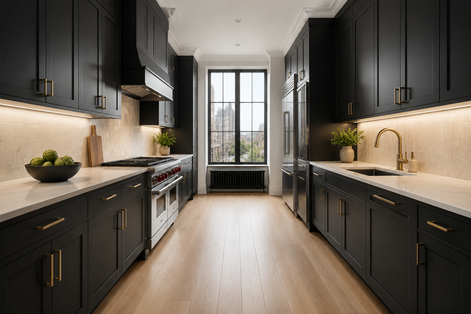 Custom onyx black shaker kitchen cabinetry paired with modern countertops and functional layout.
