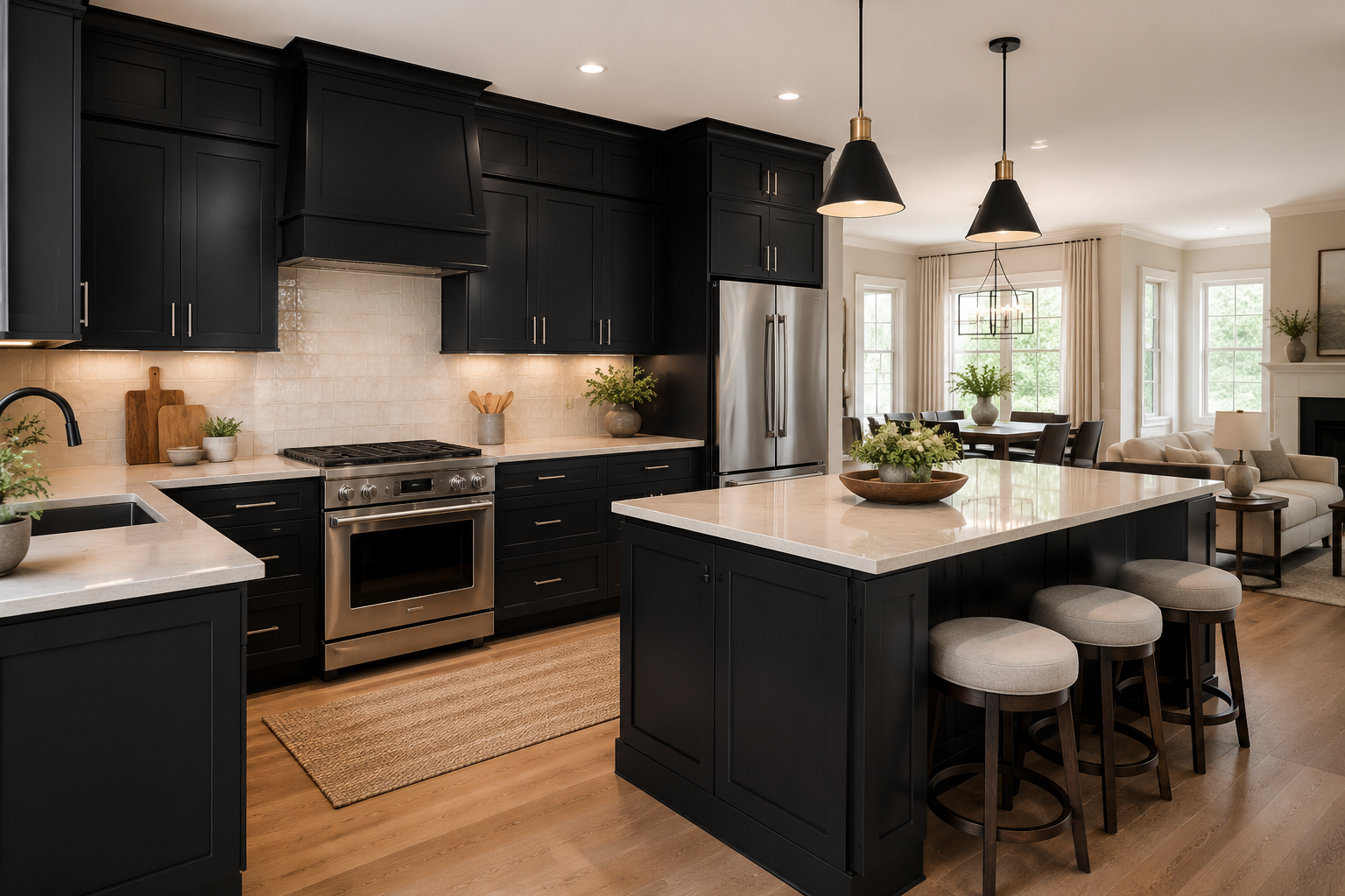 Onyx black shaker cabinets displaying elegant dark wood grain texture and durable construction.