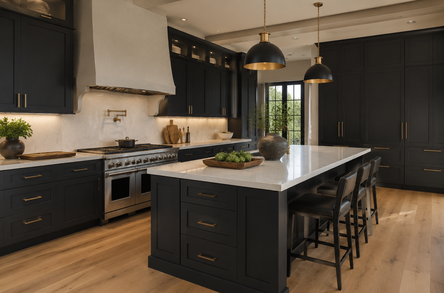 Onyx black shaker perimeter kitchen cabinets with sleek modern hardware and contrasting accents.