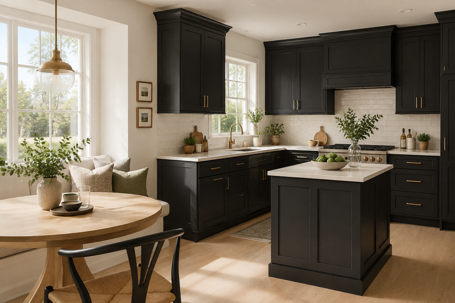 Onyx black shaker cabinetry kitchen island perspective highlighting modern craftsmanship in Dallas, TX.