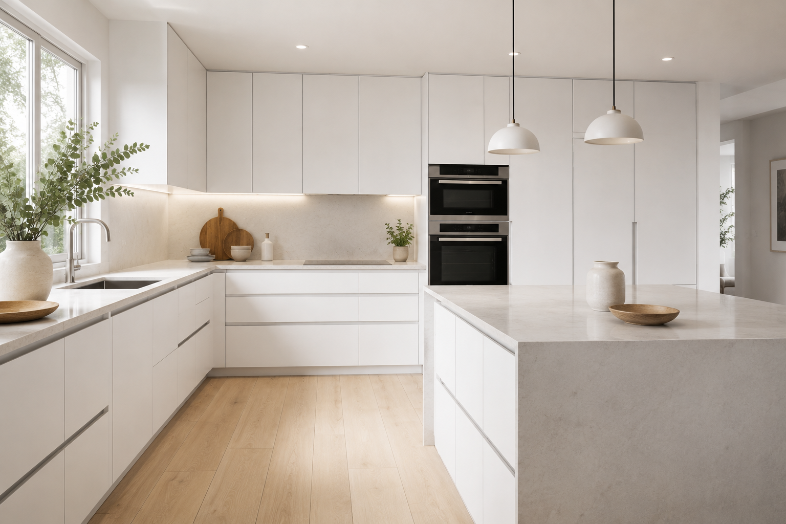 Matte white European frameless kitchen cabinets styled with modern minimalist cabinet pulls.
