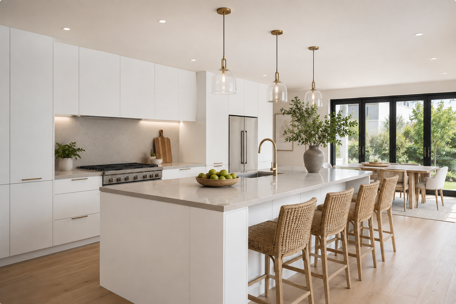Full kitchen renovation featuring custom matte white European frameless cabinets throughout the space.