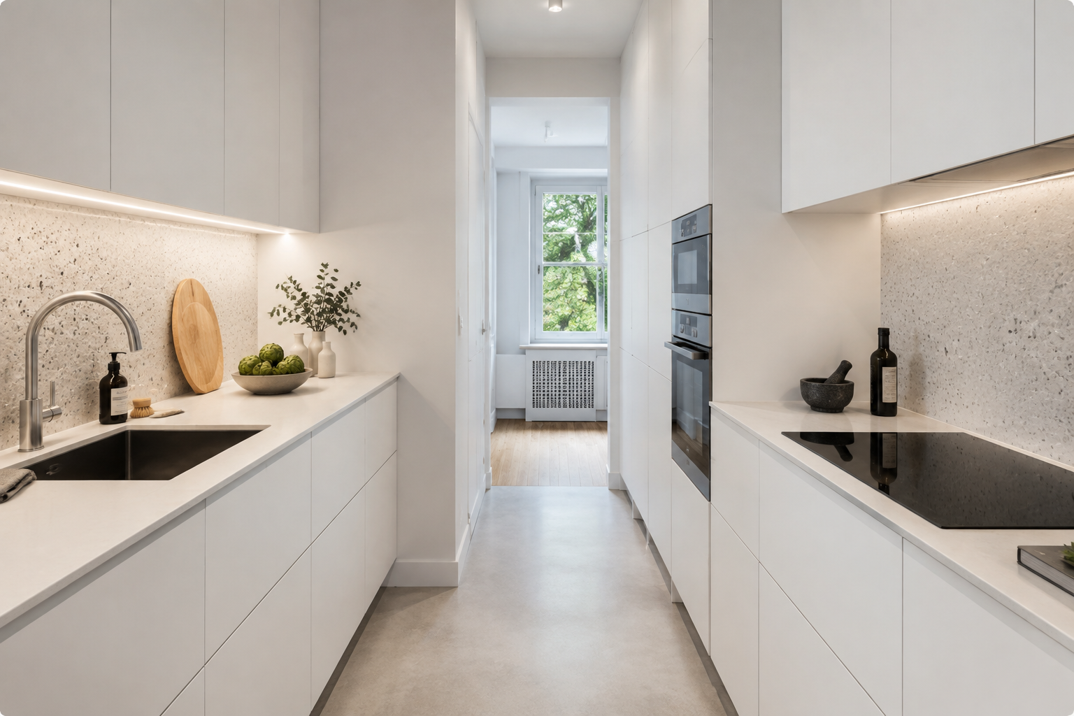 Upper wall units featuring flat-panel matte white European frameless doors in a minimalist kitchen setup.