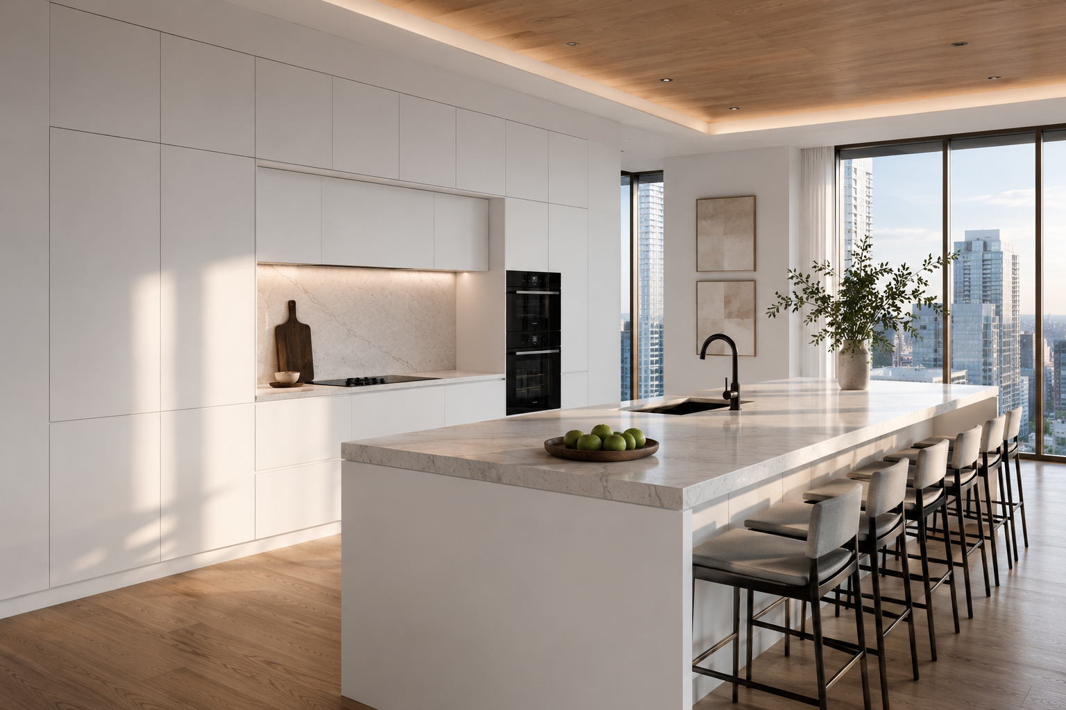 Seamless pairing of polished quartz countertops with matte white European frameless cabinets.