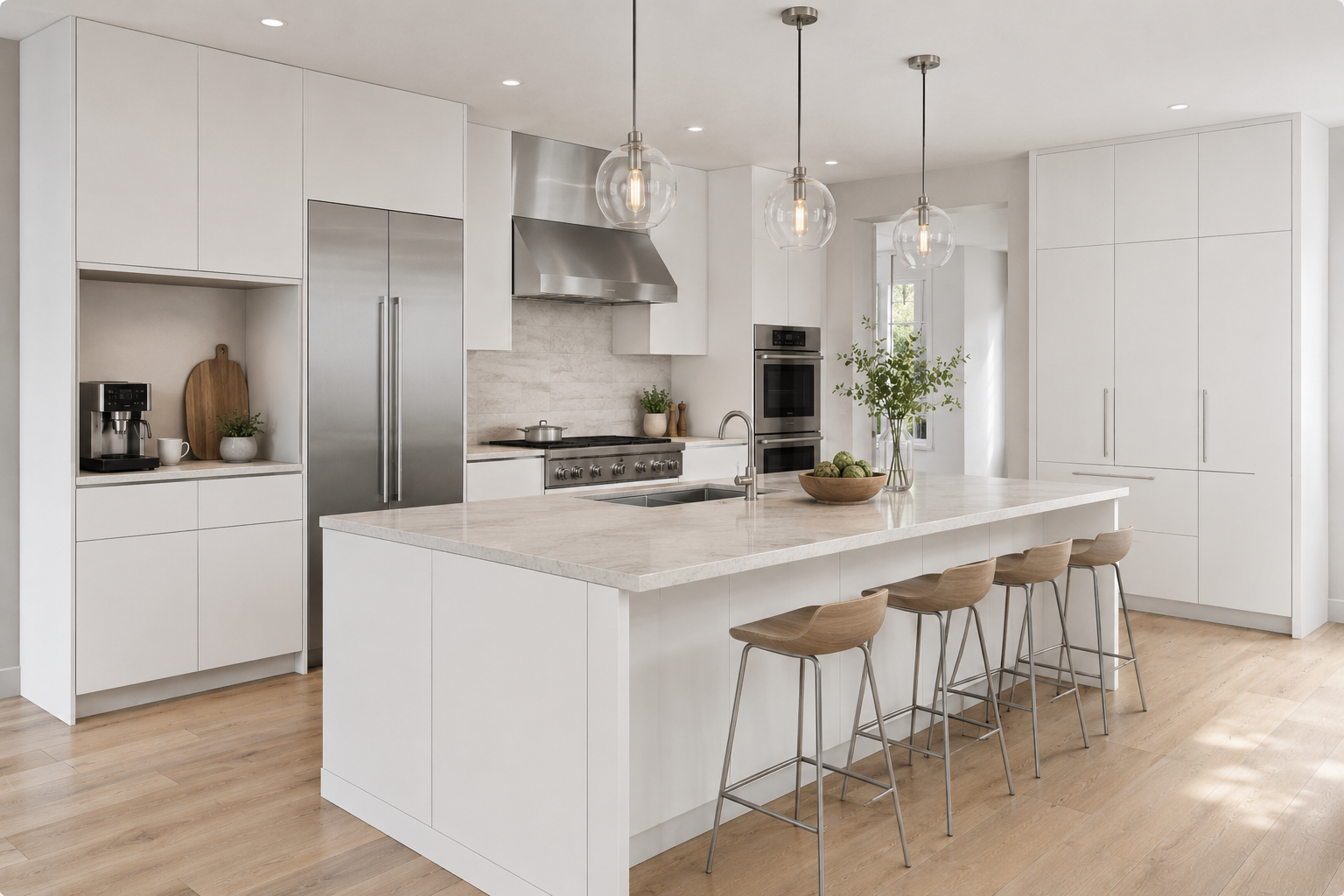Open concept kitchen space highlighted by bright matte white European frameless cabinets throughout.