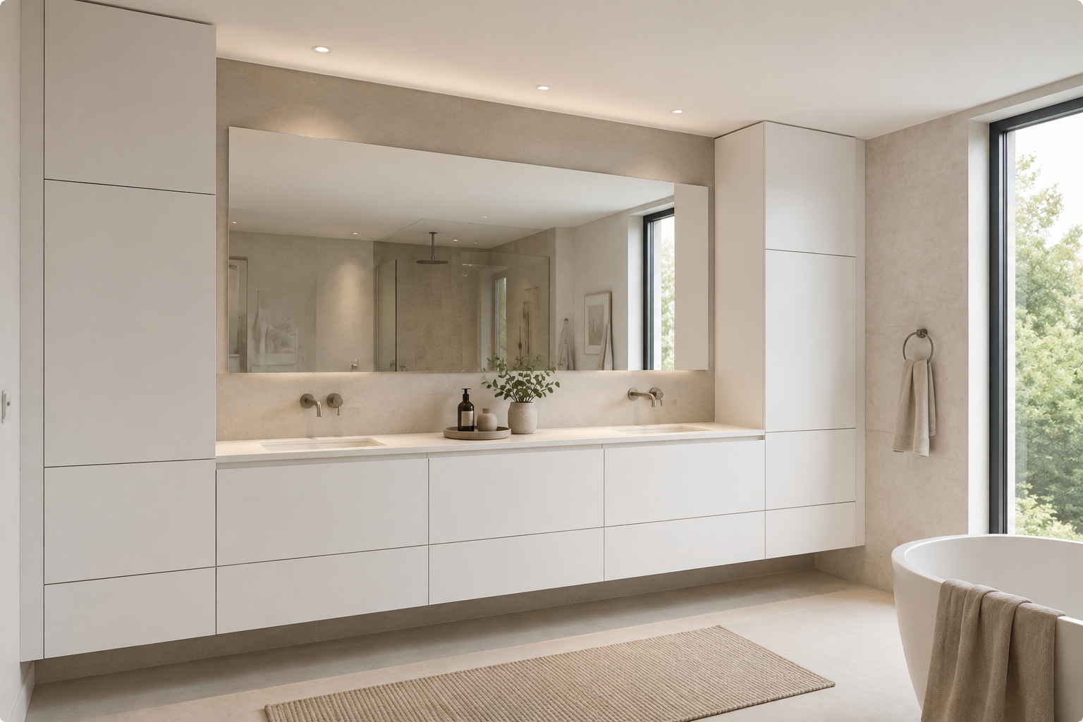 Organized storage drawers and pull-out shelving set inside matte white European frameless cabinetry.