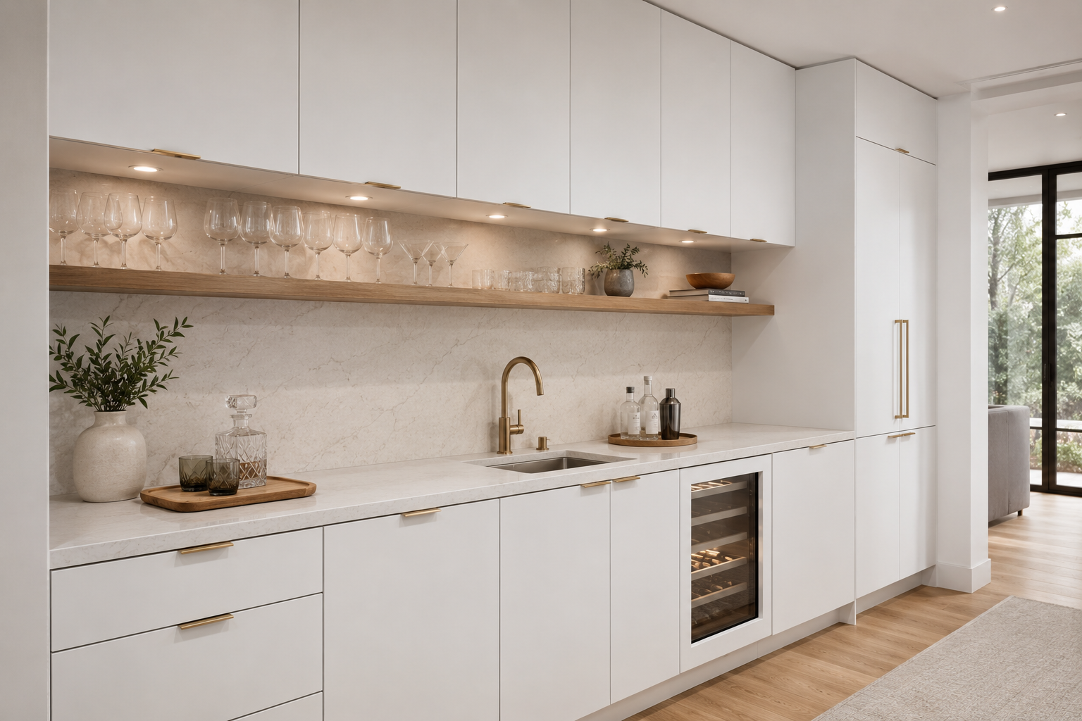 Bright modern kitchen featuring matte white European frameless cabinets and sleek contemporary finishes.