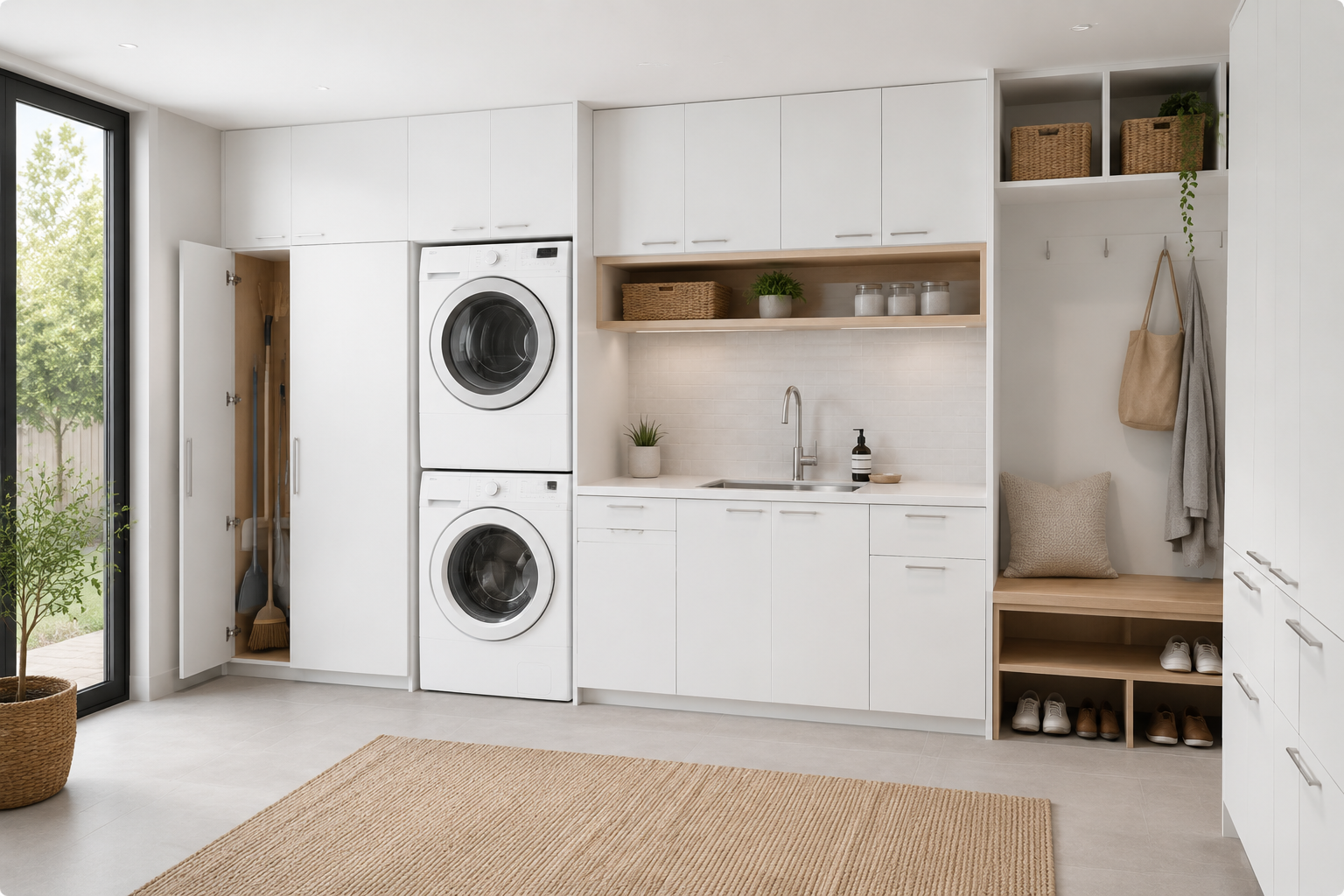 Perimeter wall layout showcasing custom matte white European frameless kitchen cabinets.