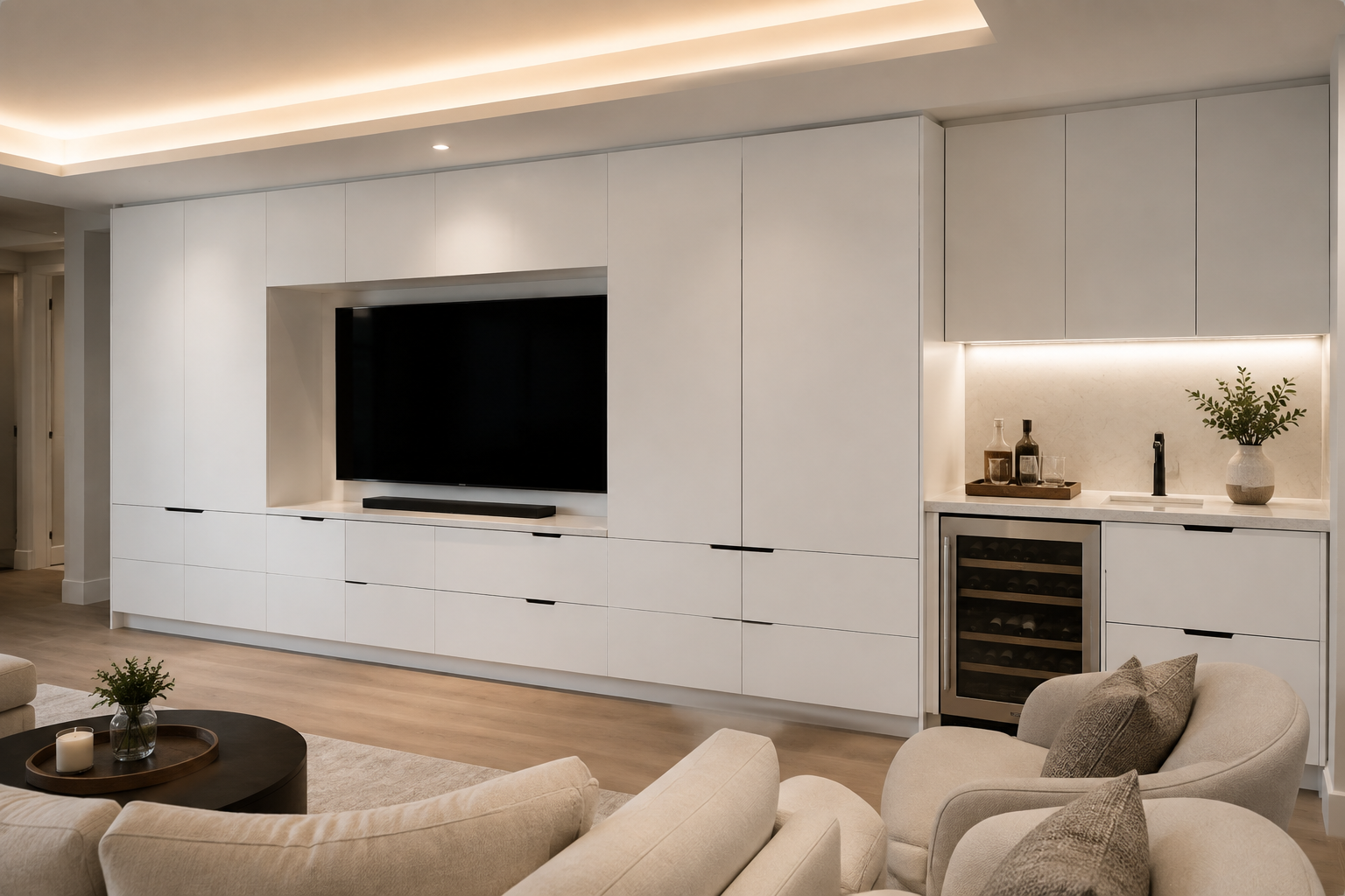 Matte white European frameless kitchen cabinets styled with modern minimalist cabinet pulls.