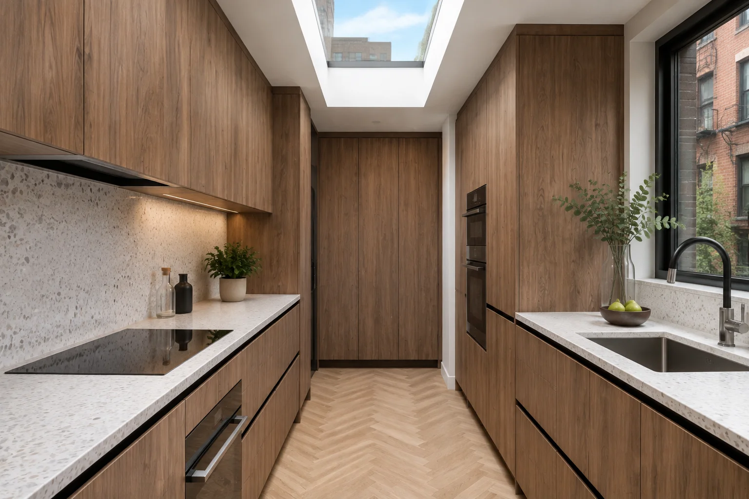 Parallel aisle galley kitchen setup featuring custom European walnut frameless flat panel cabinets.