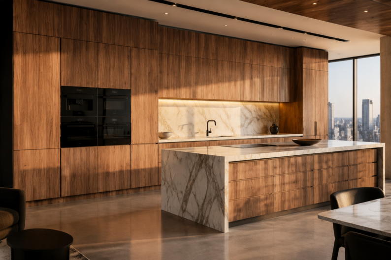 Perimeter wall run of European walnut frameless upper and lower kitchen cabinets with integrated appliances.
