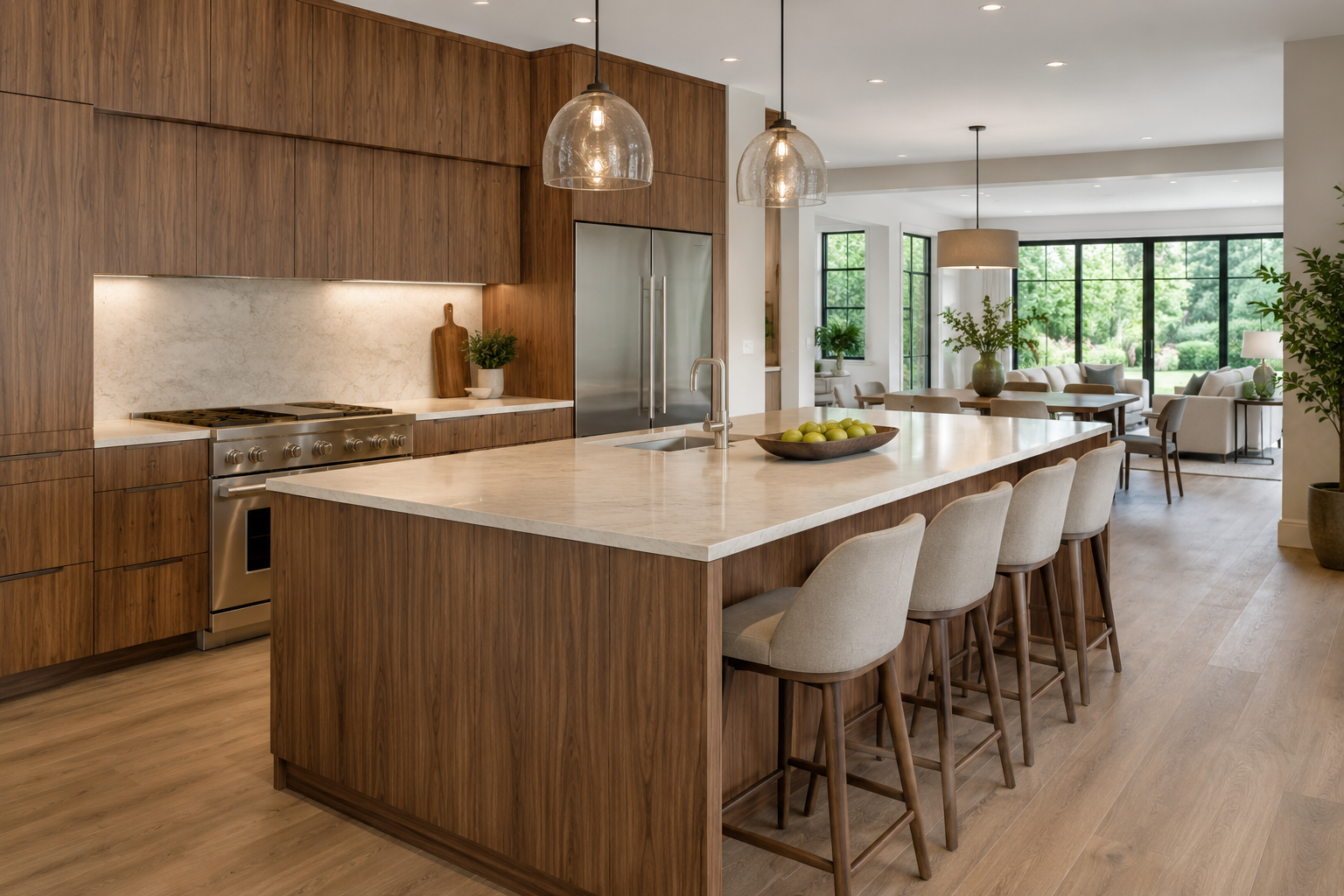 Luxury kitchen featuring European walnut frameless cabinetry and a marble waterfall island.