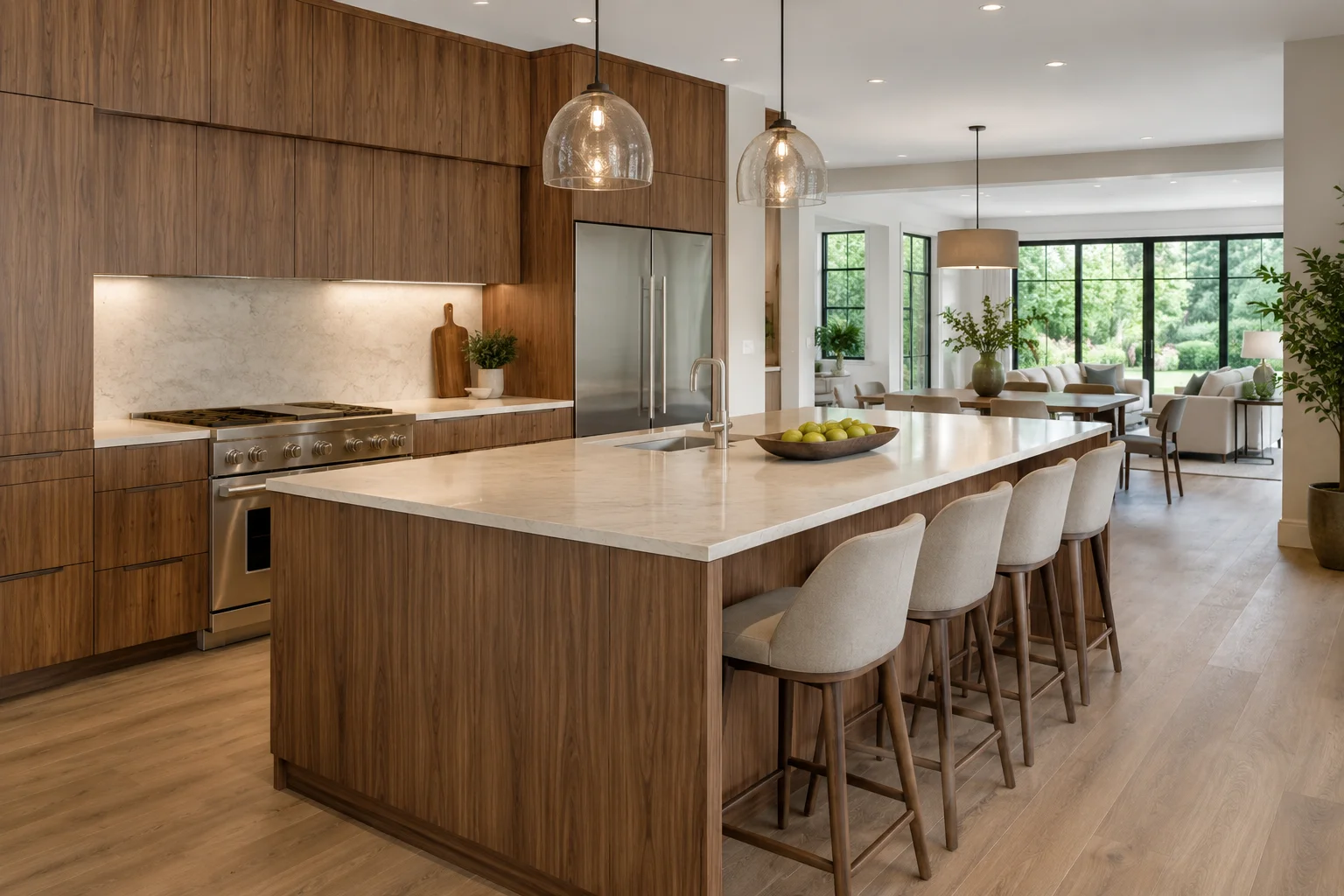 Luxury kitchen featuring European walnut frameless cabinetry and a marble waterfall island.
