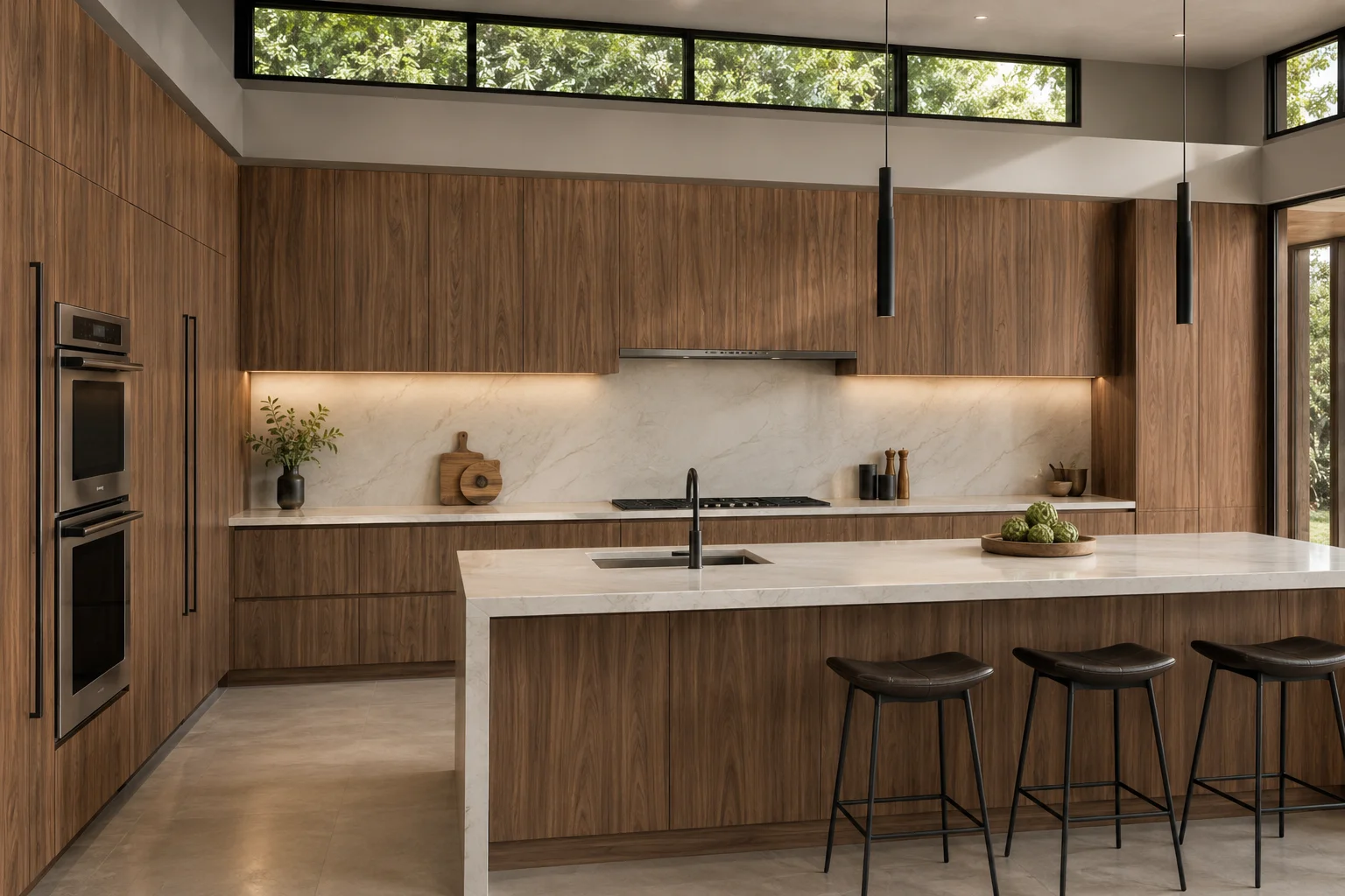 Floor-to-ceiling European walnut frameless tall pantry cabinets surrounding built-in wall ovens.