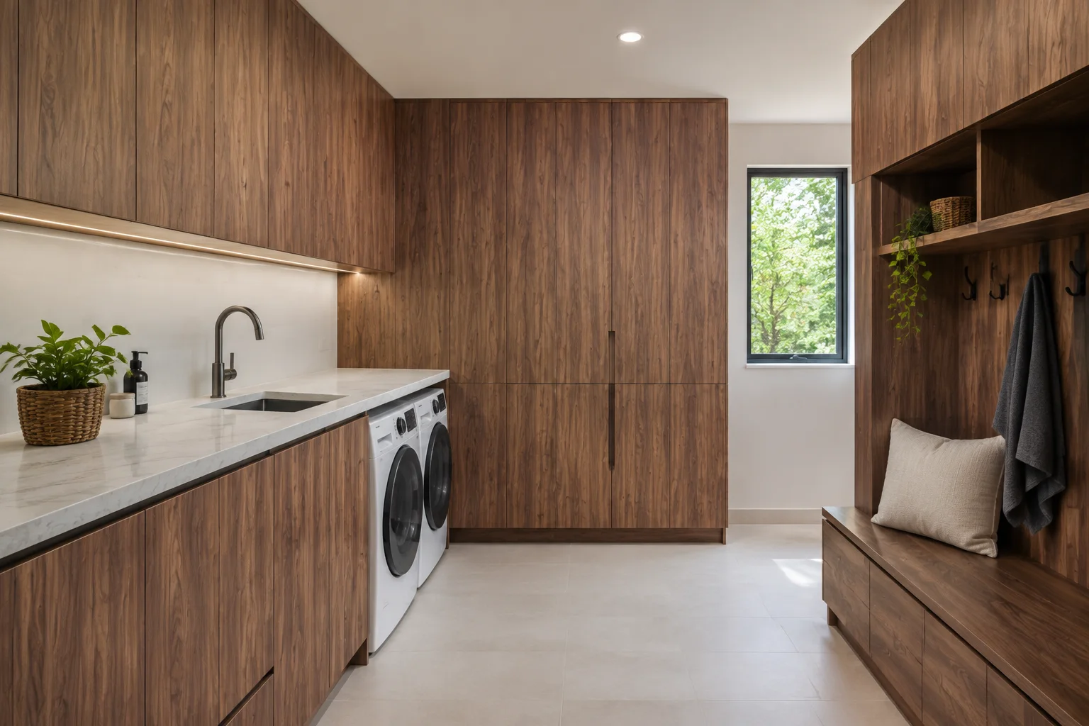 Parallel aisle galley kitchen setup featuring custom European walnut frameless flat panel cabinets.