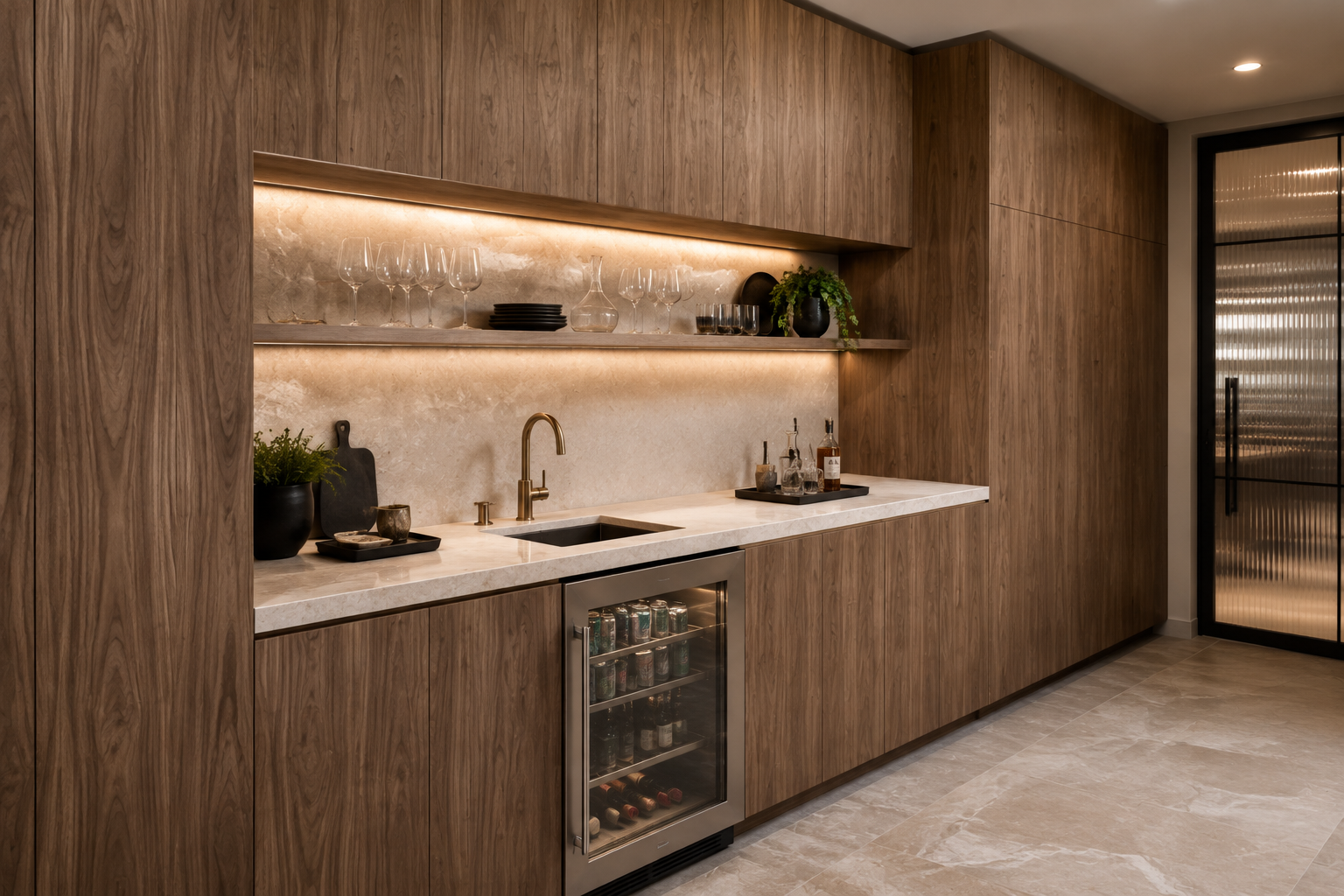Kitchen island with European walnut frameless cabinets highlighted by warm integrated LED lighting.